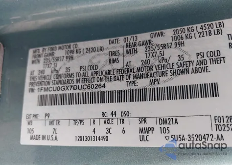 2013 Ford Escape Se from USA, damaged, VIN 1FMCU0GX7DUC60264